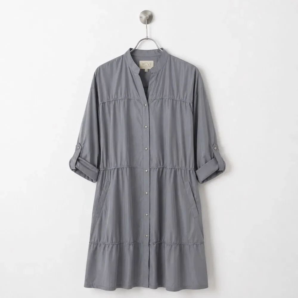 XCVI NWT Nylon Utility Shirt Dress Jacket Gray Blue Travel Pockets Cassiopeia